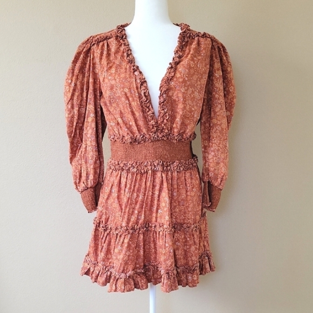 House of Harlow 1960 Wallis Rust Floral Smocked Puff Sleeve Tiered Mini Dress